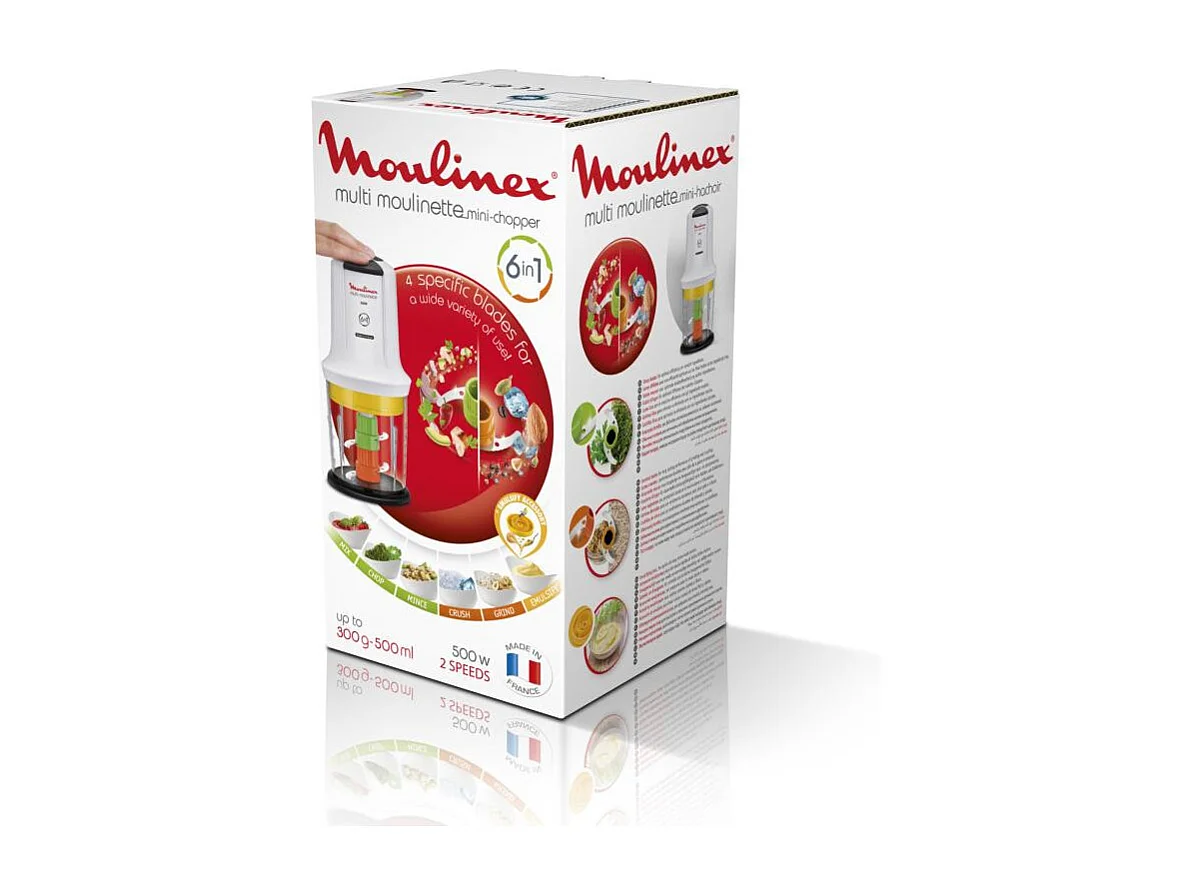 Moulinex Tritatutto Multi 6 en 1 Blanco 500W - Mini Picadora Eléctrica Compacta con Bol de 0,5L y Accesorios Versátiles