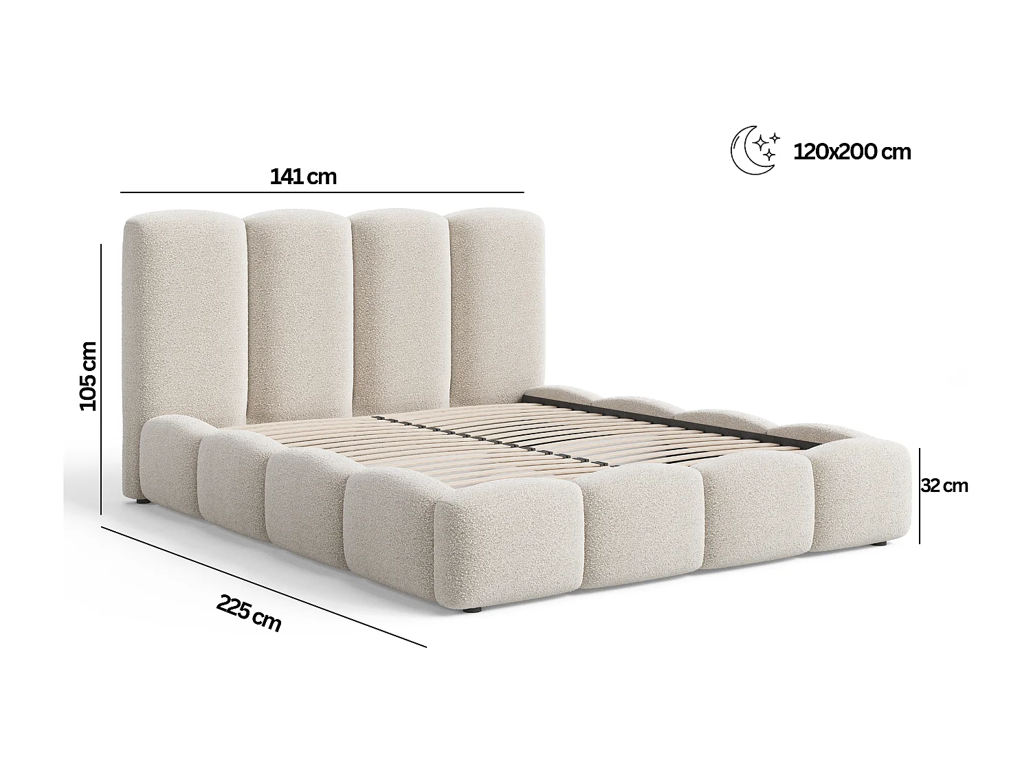BESILIO Lit tapissé 120x200 Fluffy – lit nuage bouclé, lit avec coffre de rangement et sommier, mousse épaisse, lit coffre moderne pour chambre – Gris clair