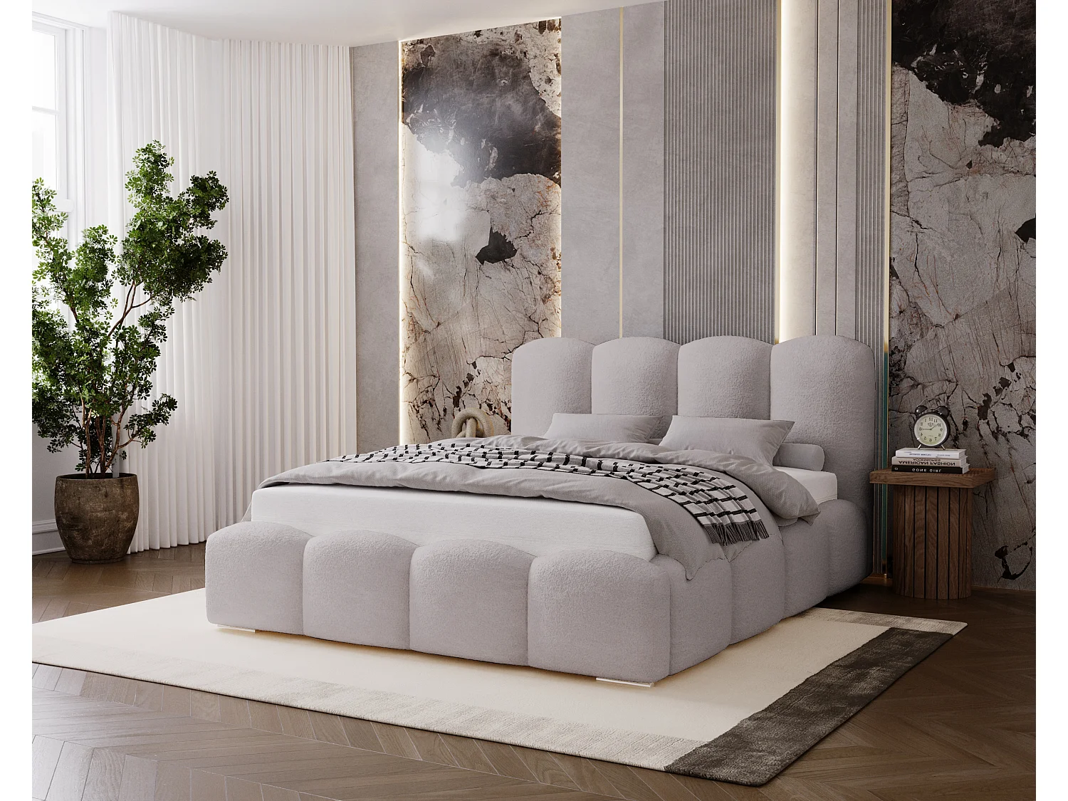 BESILIO Lit tapissé 120x200 Fluffy – lit nuage bouclé, lit avec coffre de rangement et sommier, mousse épaisse, lit coffre moderne pour chambre – Gris clair