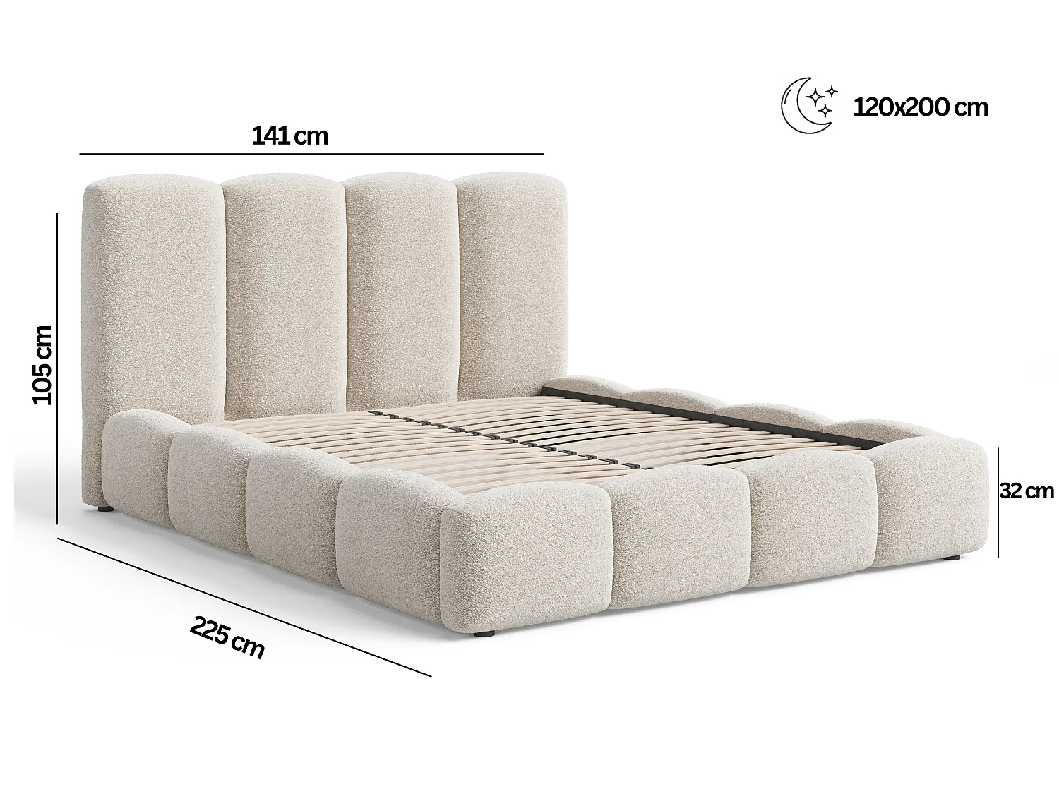 BESILIO Gestoffeerd bed 200x200 Fluffy – wolkenbed bouclé, bed met opbergruimte en lattenbodem, dikke schuimvulling, modern opbergbed slaapkamer – Lichtgrijs