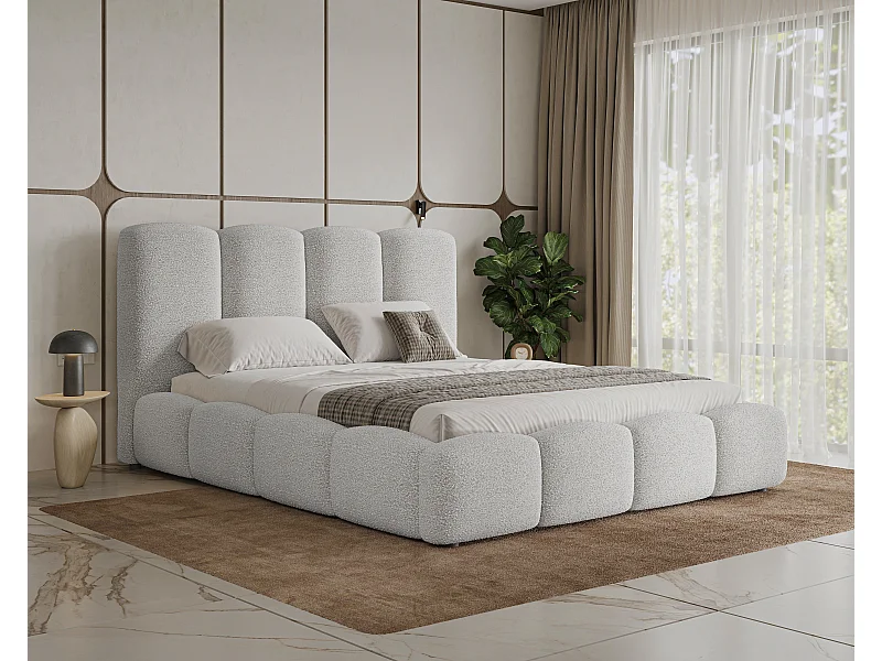 BESILIO Łóżko chmurka z pojemnikiem i stelażem 200x200 Fluffy - łóżko tapicerowane tkanina boucle/baranek, łóżko gruba pianka - Jasnoszary