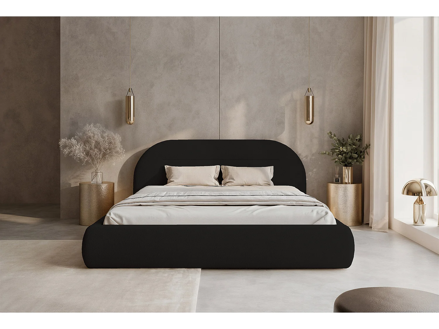 BESILIO Nowoczesne łóżko z pojemnikiem 140x200 Apolline - łóżko zaokrąglone wezgłowie, miękka tkanina pluszowa- Czarny