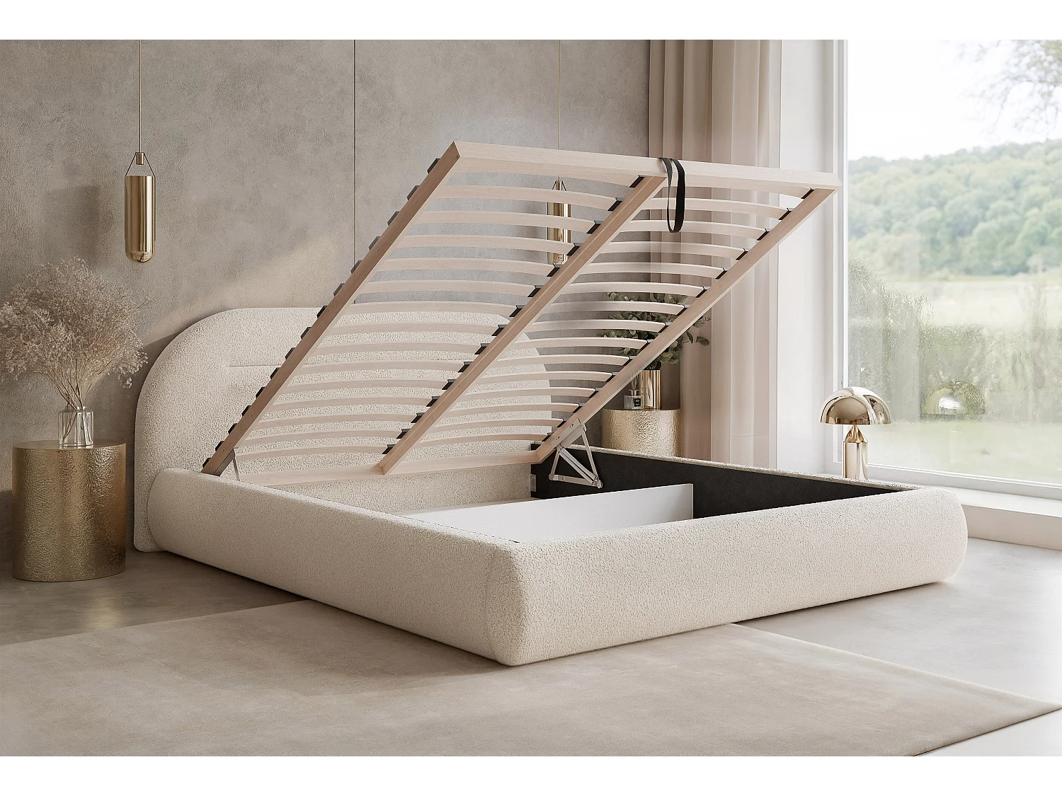 BESILIO Lit moderne avec coffre de rangement 200x200 Apolline – tête de lit arrondie, tissu doux et moelleux – Gris clair