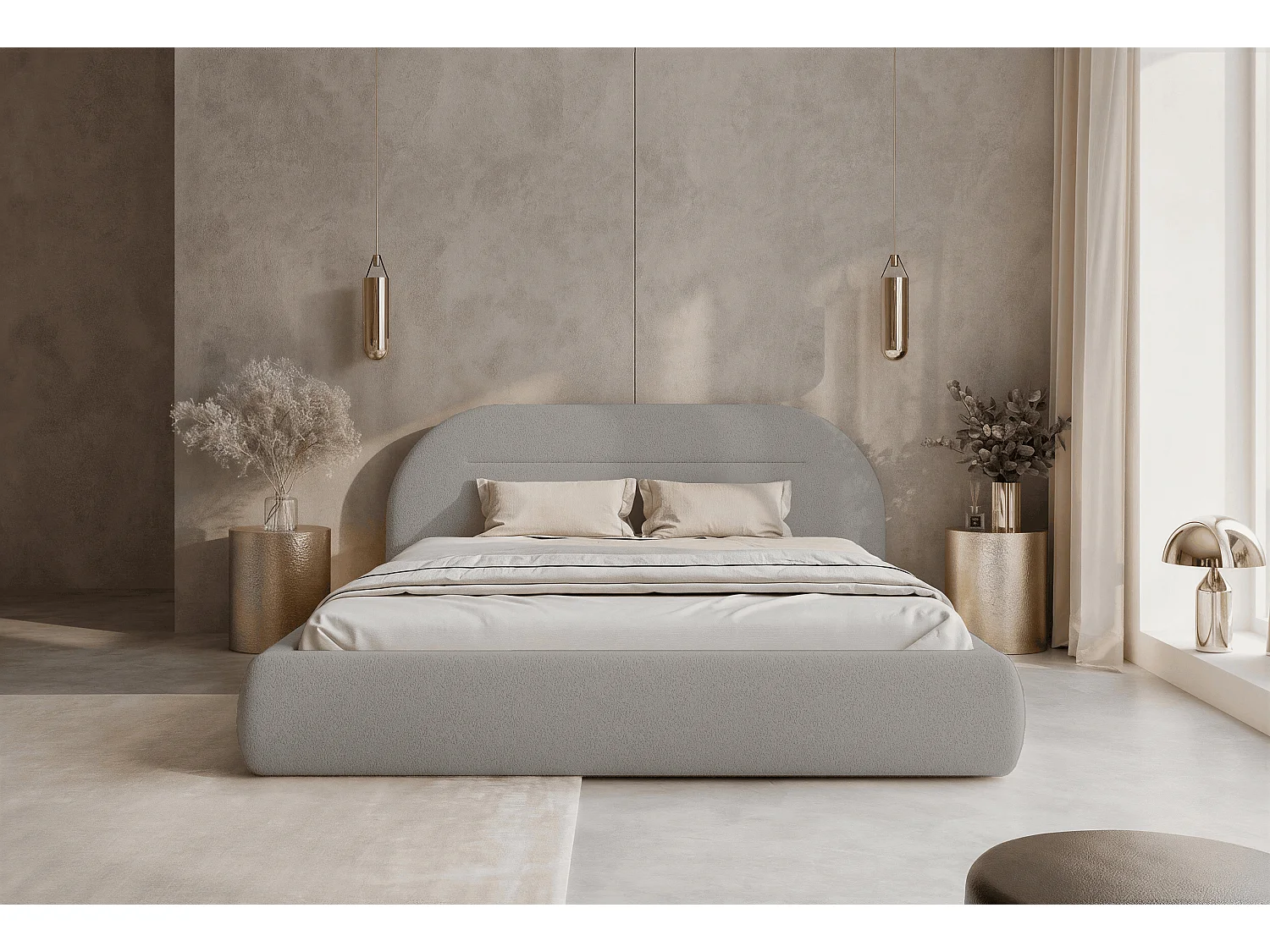 BESILIO Lit moderne avec coffre de rangement 200x200 Apolline – tête de lit arrondie, tissu doux et moelleux – Gris clair