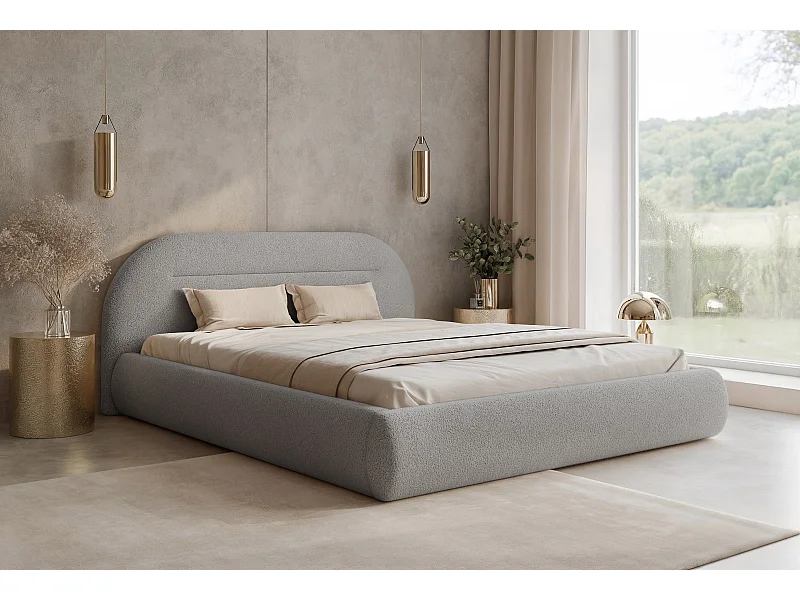 BESILIO Lit moderne avec coffre de rangement 200x200 Apolline – tête de lit arrondie, tissu doux et moelleux – Gris clair