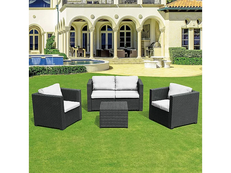 Le Stelle Set Salotto da Giardino in Polyrattan con Divano, Poltrone Tavolino e Cuscini Colore Nero