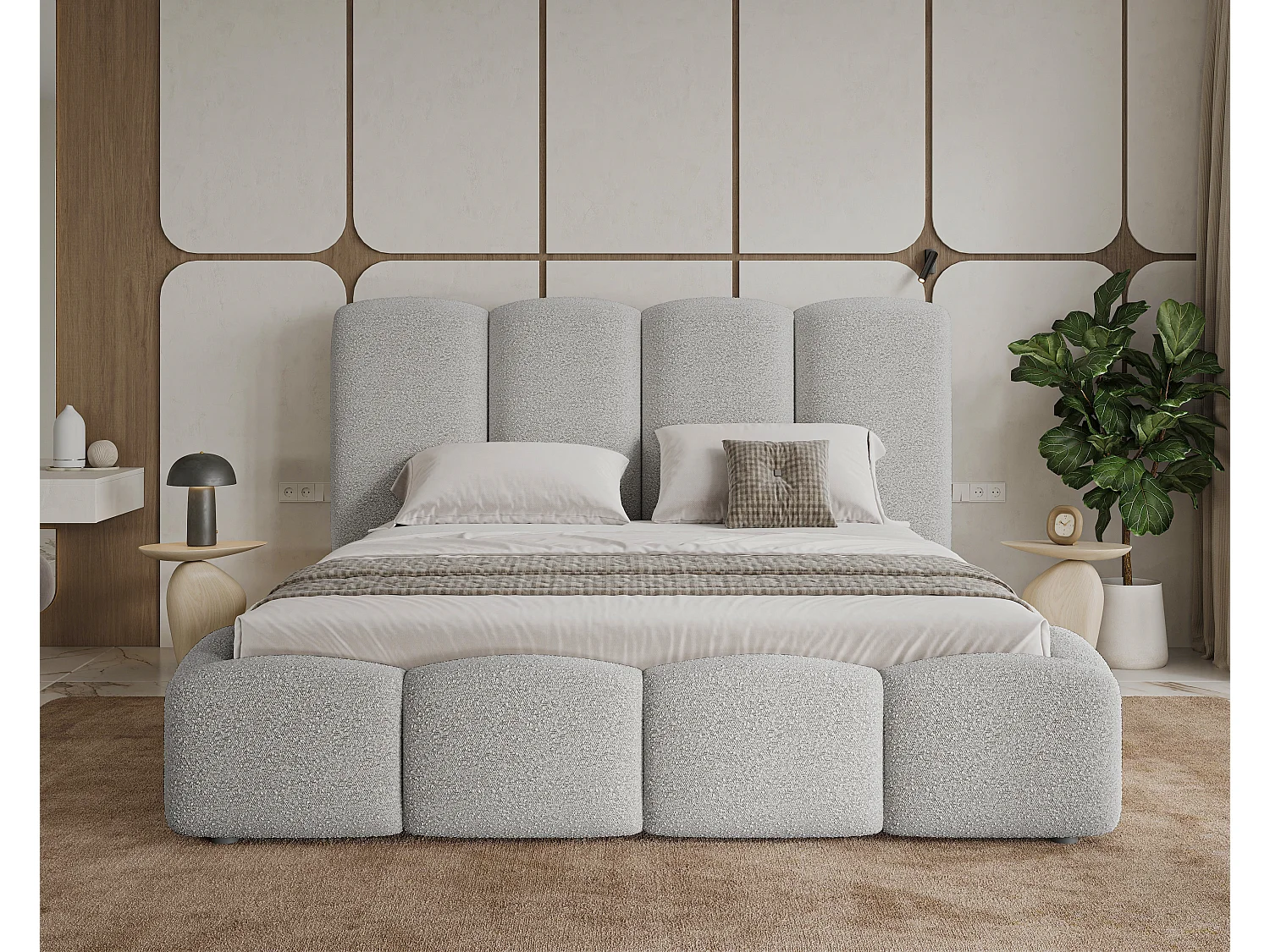 BESILIO Łóżko chmurka z pojemnikiem i stelażem 180x200 Fluffy - łóżko tapicerowane tkanina boucle/baranek, łóżko gruba pianka - Jasnoszary