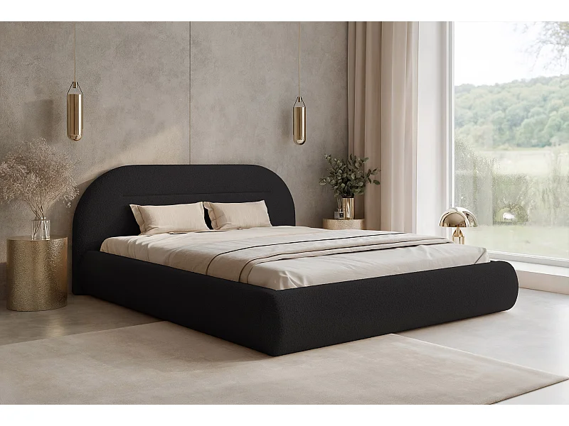 BESILIO Lit moderne avec coffre de rangement 120x200 Apolline – tête de lit arrondie, tissu doux et moelleux – Noir