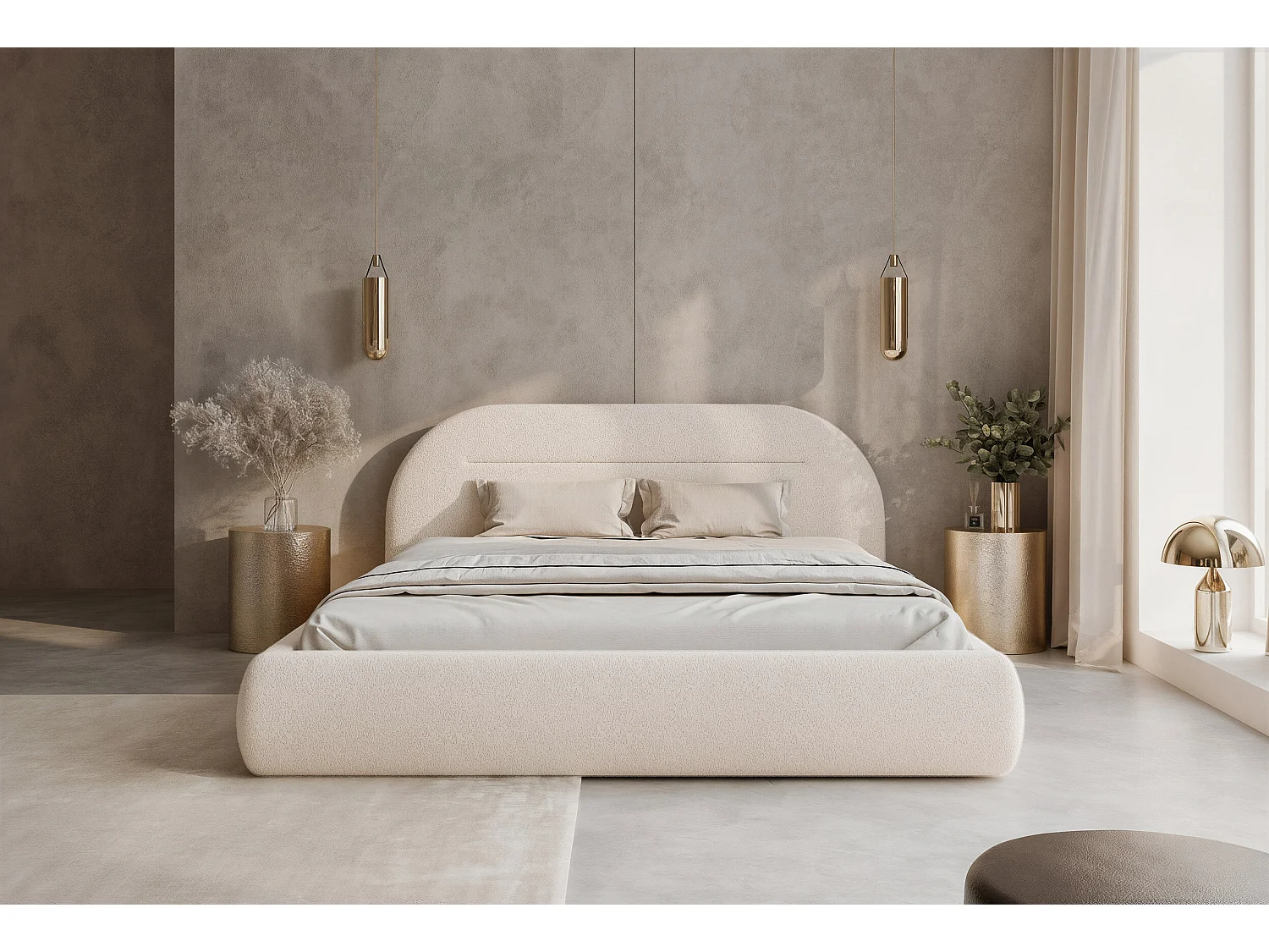BESILIO Nowoczesne łóżko z pojemnikiem 160x200 Apolline - łóżko zaokrąglone wezgłowie, miękka tkanina pluszowa- Kremowy