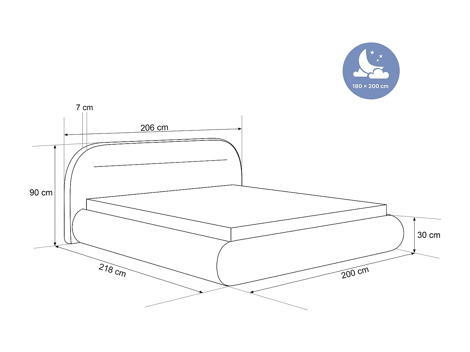 BESILIO Nowoczesne łóżko z pojemnikiem 180x200 Apolline - łóżko zaokrąglone wezgłowie, miękka tkanina pluszowa- Czarny