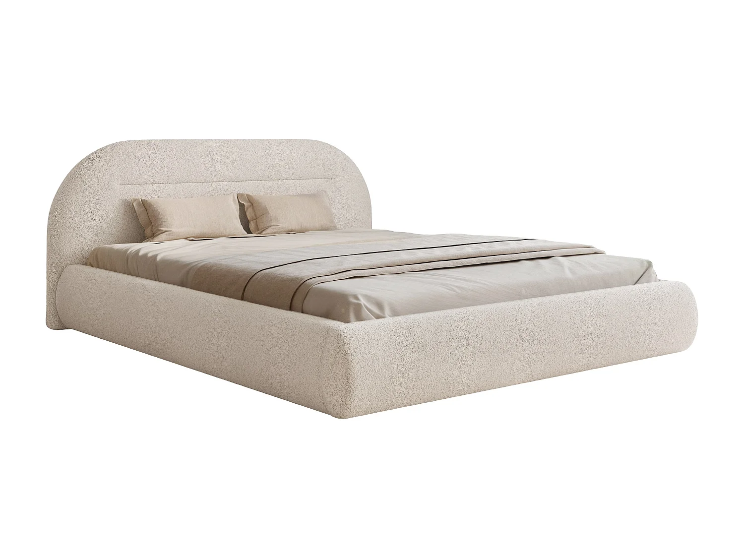 BESILIO Nowoczesne łóżko z pojemnikiem 200x200 Apolline - łóżko zaokrąglone wezgłowie, miękka tkanina pluszowa- Kremowy