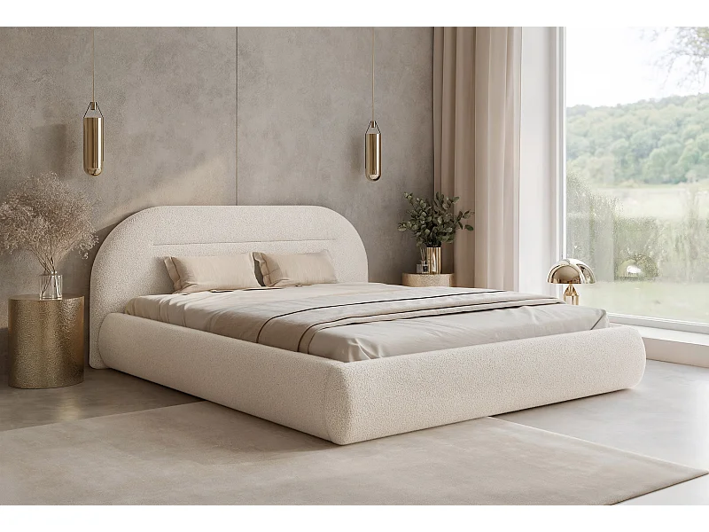 BESILIO Lit moderne avec coffre de rangement 200x200 Apolline – tête de lit arrondie, tissu doux et moelleux – Crème