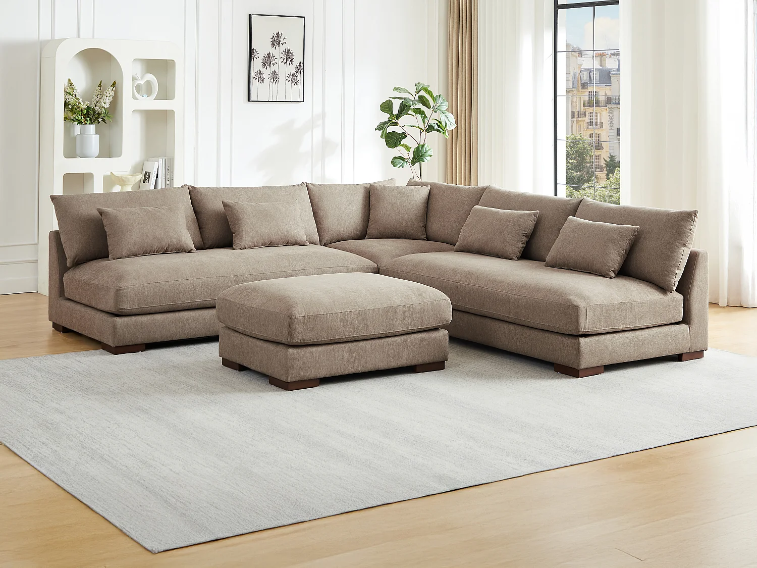 Canapé d'angle réversible et pouf en tissu texturé taupe SPERONE