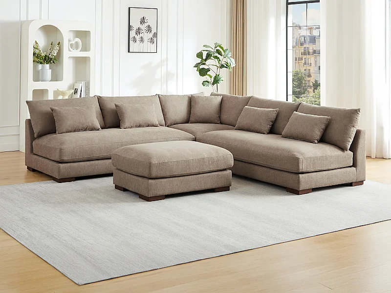 Canapé d'angle réversible et pouf en tissu texturé taupe SPERONE