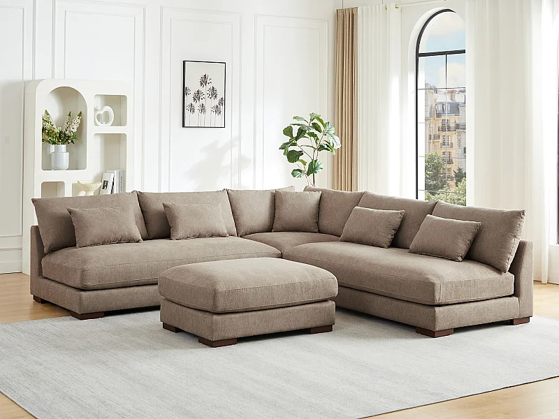 Hoekslaapbank en poef in getextureerde stof taupe SPERONE