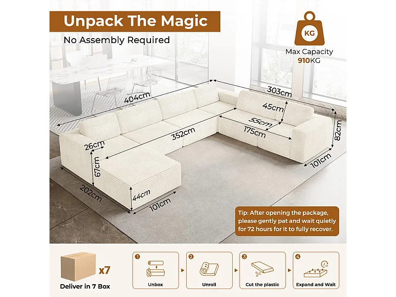 Grand canapé d'angle droit modulable panoramique en Velours Côtelé, avec pouf, 404x303x82cm, Beige