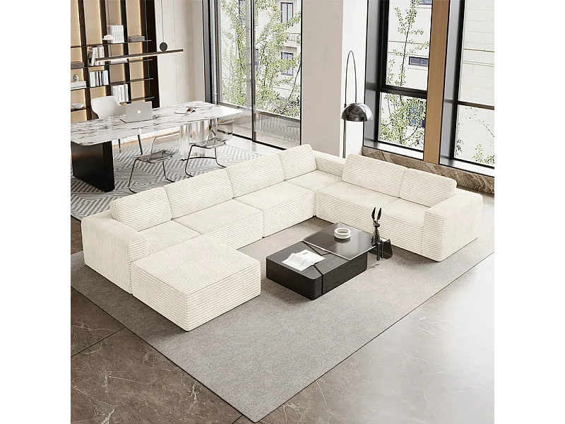 Grand canapé d'angle droit modulable panoramique en Velours Côtelé, avec pouf, 404x303x82cm, Beige