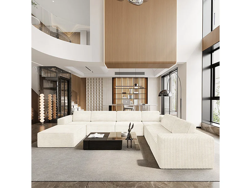 Grand canapé d'angle droit modulable panoramique en Velours Côtelé, avec pouf, 404x303x82cm, Beige