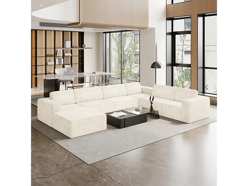 Grand canapé d'angle droit modulable panoramique en Velours Côtelé, avec pouf, 404x303x82cm, Beige