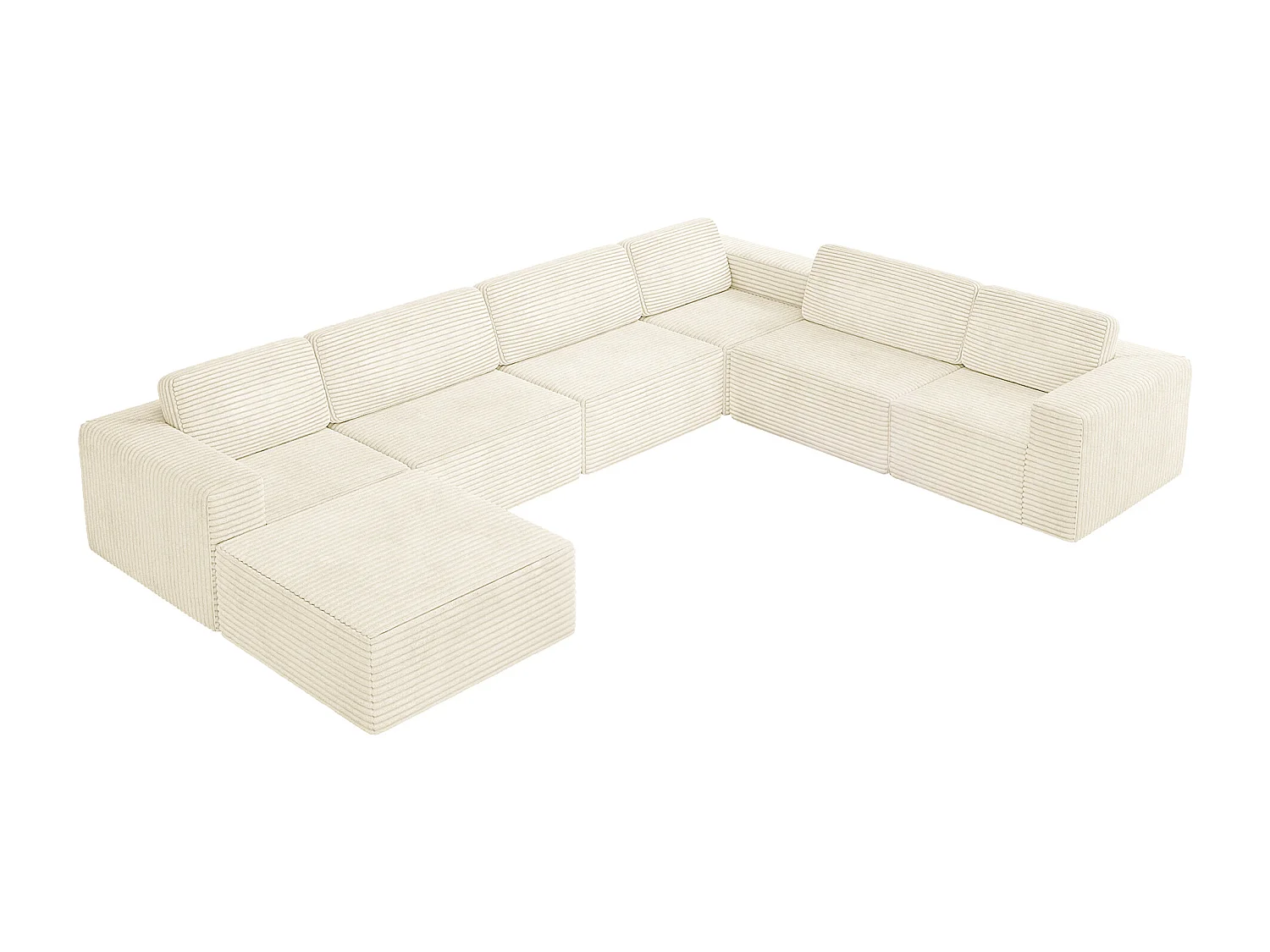 Grand canapé d'angle droit modulable panoramique en Velours Côtelé, avec pouf, 404x303x82cm, Beige