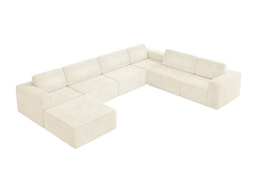 Grand canapé d'angle droit modulable panoramique en Velours Côtelé, avec pouf, 404x303x82cm, Beige