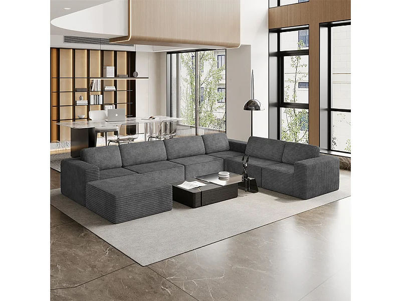 Grand canapé d'angle droit modulable panoramique en Velours Côtelé, avec pouf, 404x303x82cm, Gris