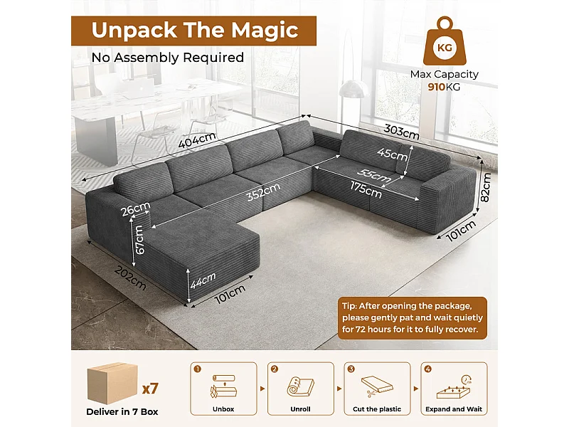 Grande Divano Angolare Destro Panoramico Modulare in Velluto Costola, con pouf, 404x303x82cm, Grigio