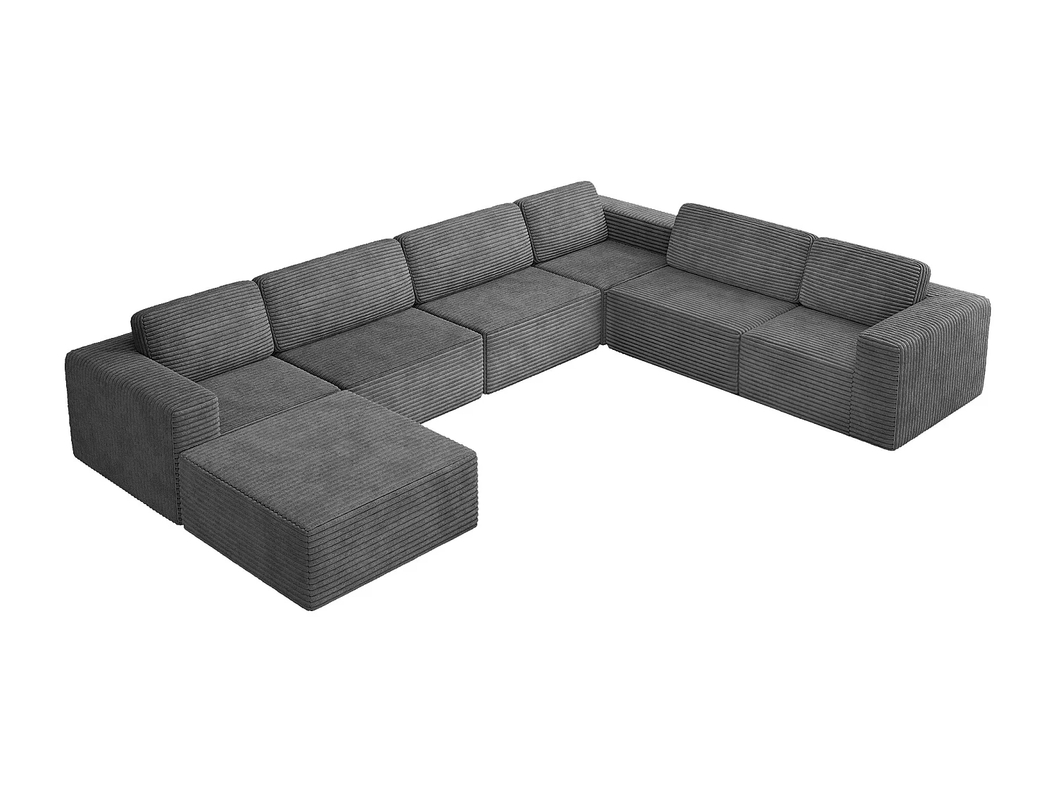 Grande Divano Angolare Destro Panoramico Modulare in Velluto Costola, con pouf, 404x303x82cm, Grigio