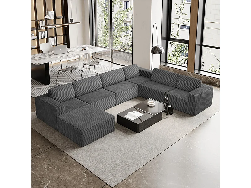Grand canapé d'angle droit modulable panoramique en Velours Côtelé, avec pouf, 404x303x82cm, Gris