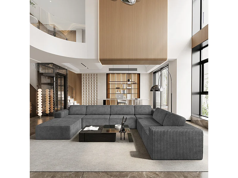 Grand canapé d'angle droit modulable panoramique en Velours Côtelé, avec pouf, 404x303x82cm, Gris