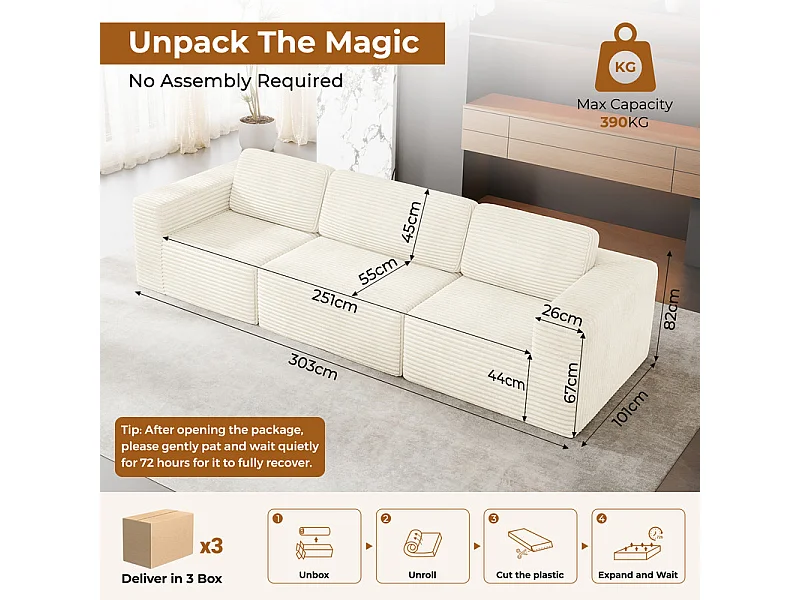 Canapé 3 places modulable en Velours Côtelé, avec 3 coussins, 303x101x82cm, Beige