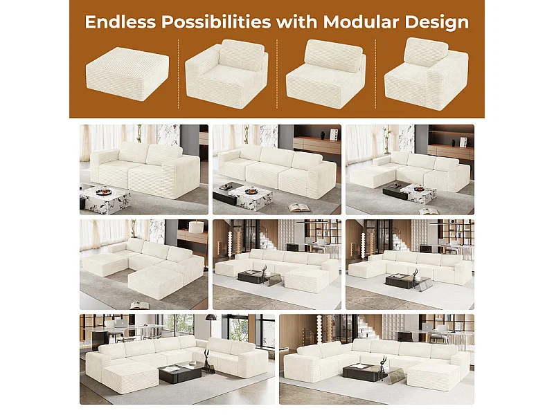 Canapé 3 places modulable en Velours Côtelé, avec 3 coussins, 303x101x82cm, Beige