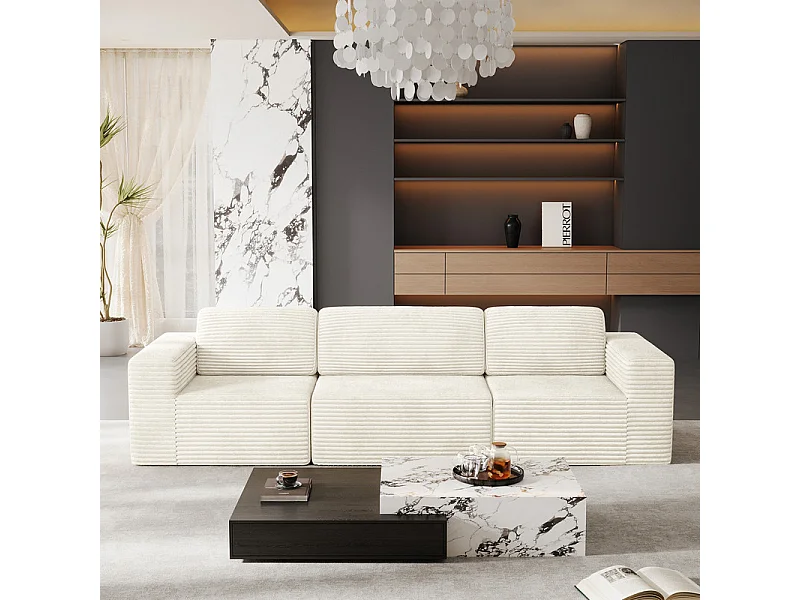 Canapé 3 places modulable en Velours Côtelé, avec 3 coussins, 303x101x82cm, Beige