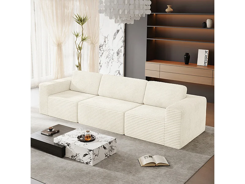 Canapé 3 places modulable en Velours Côtelé, avec 3 coussins, 303x101x82cm, Beige