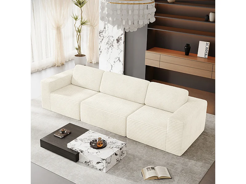 Canapé 3 places modulable en Velours Côtelé, avec 3 coussins, 303x101x82cm, Beige