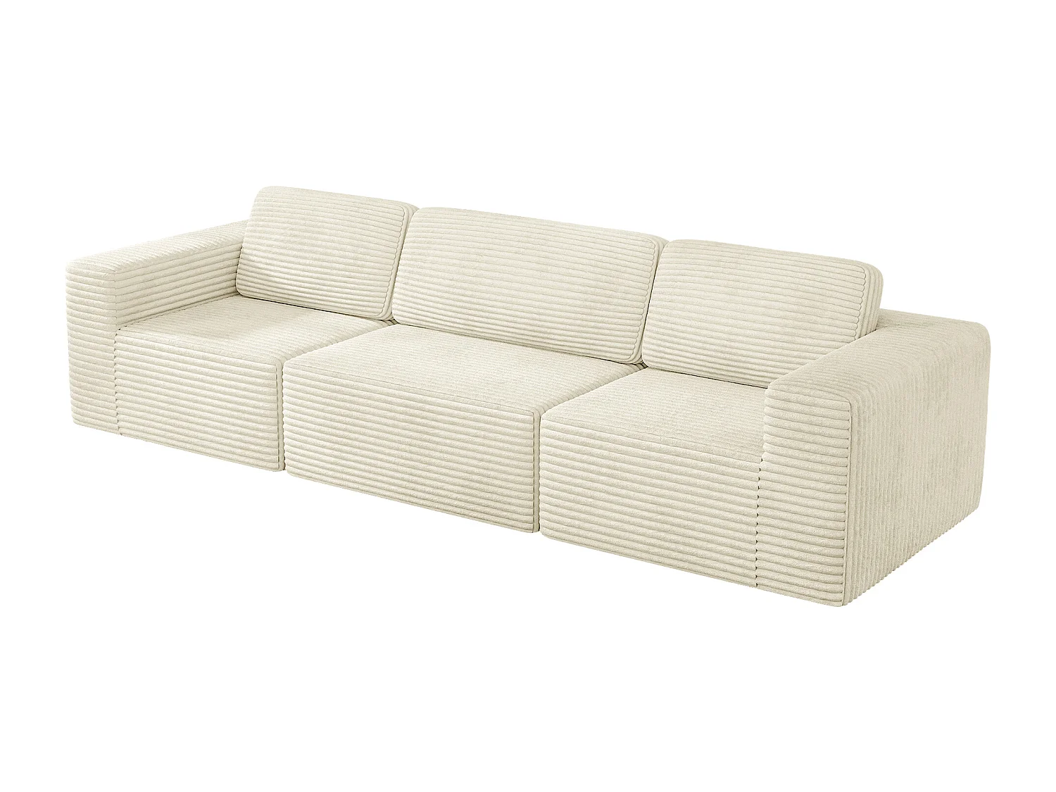 Canapé 3 places modulable en Velours Côtelé, avec 3 coussins, 303x101x82cm, Beige