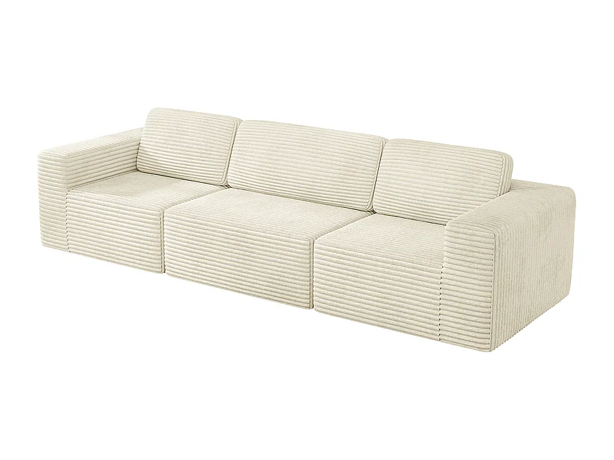 Canapé 3 places modulable en Velours Côtelé, avec 3 coussins, 303x101x82cm, Beige