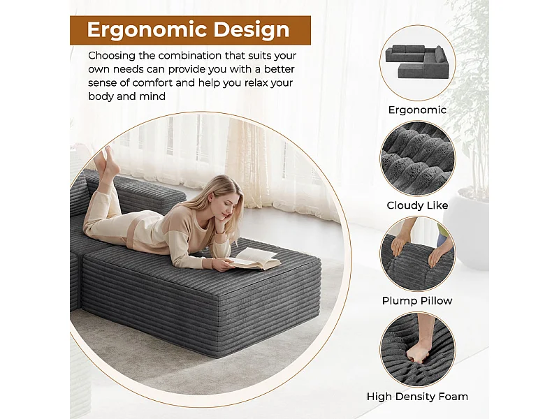 Canapé 3 places d'angle modulable en Velours Côtelé, avec 2 pouf et 3 coussins, 303x202x82cm, Gris