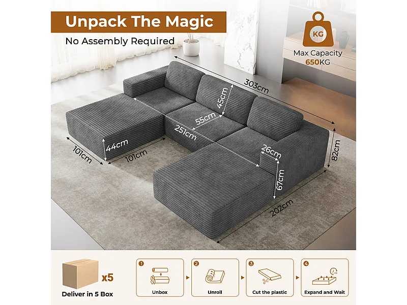 Canapé 3 places d'angle modulable en Velours Côtelé, avec 2 pouf et 3 coussins, 303x202x82cm, Gris