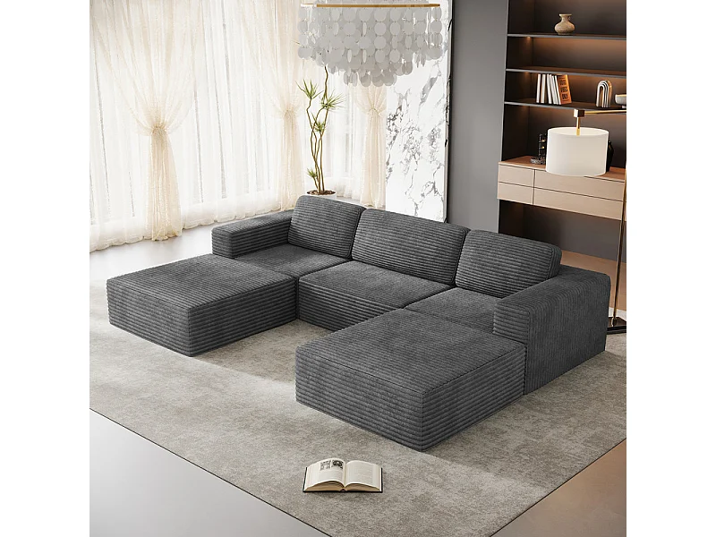 Canapé 3 places d'angle modulable en Velours Côtelé, avec 2 pouf et 3 coussins, 303x202x82cm, Gris