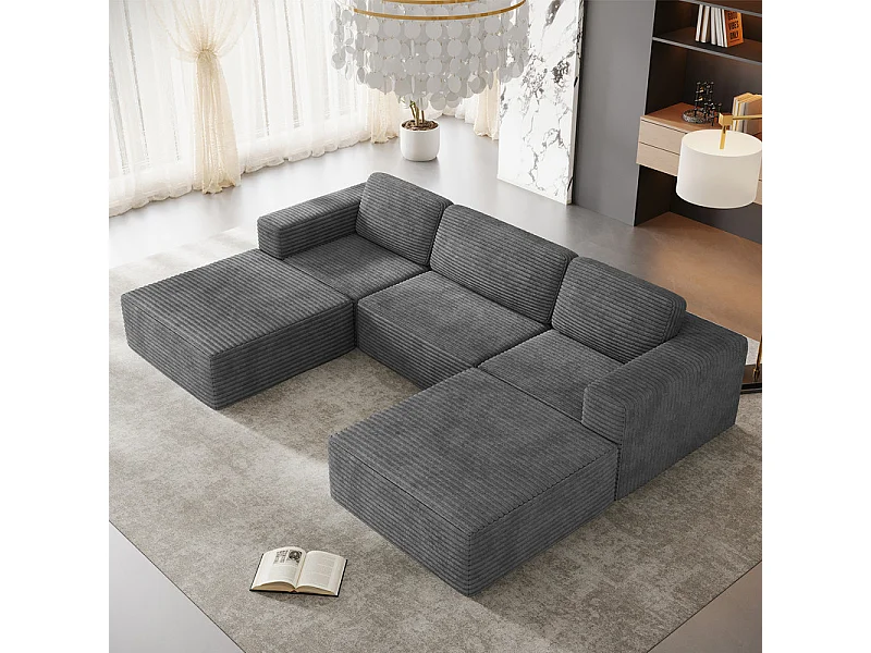 Canapé 3 places d'angle modulable en Velours Côtelé, avec 2 pouf et 3 coussins, 303x202x82cm, Gris
