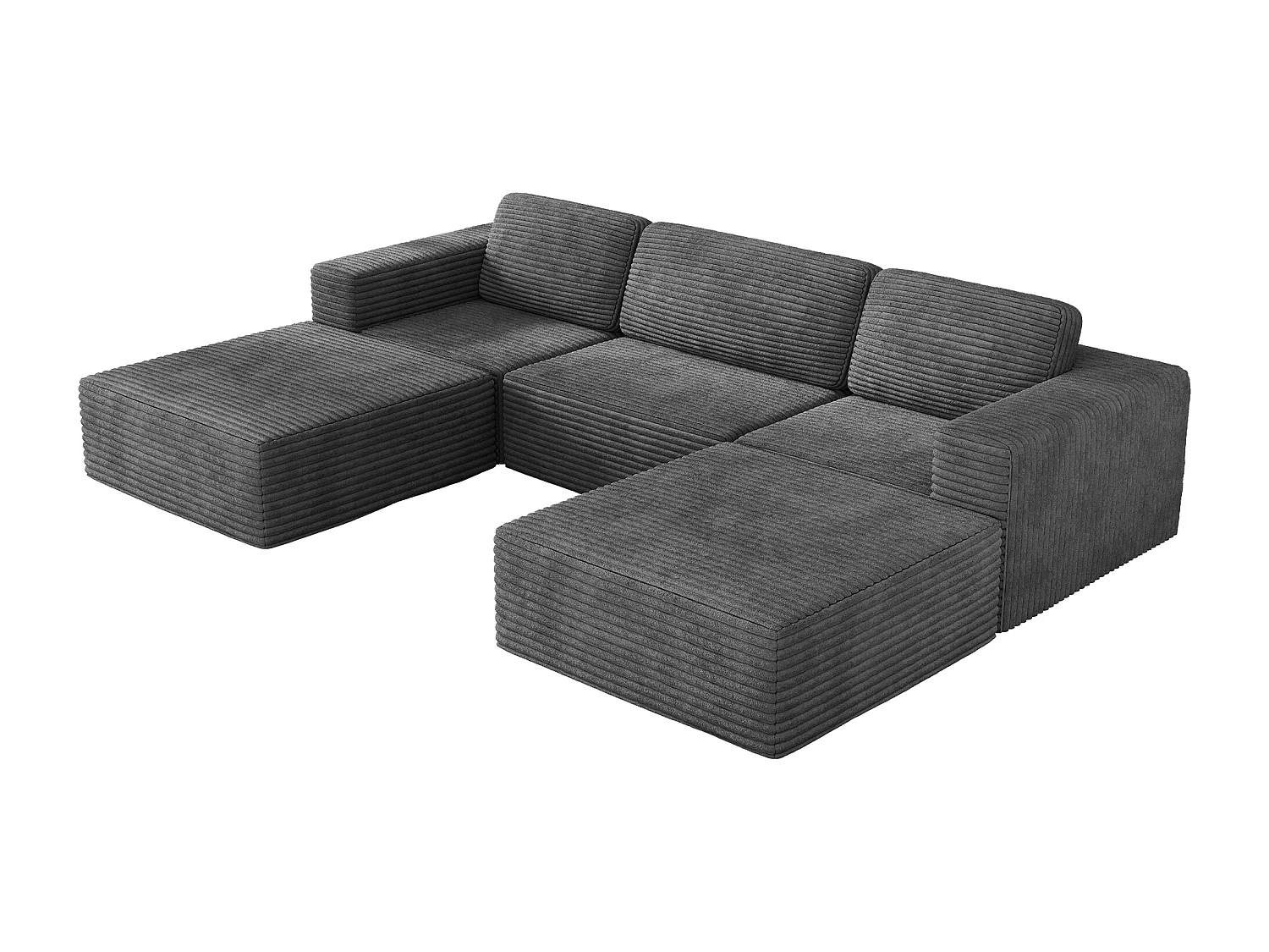 Canapé 3 places d'angle modulable en Velours Côtelé, avec 2 pouf et 3 coussins, 303x202x82cm, Gris