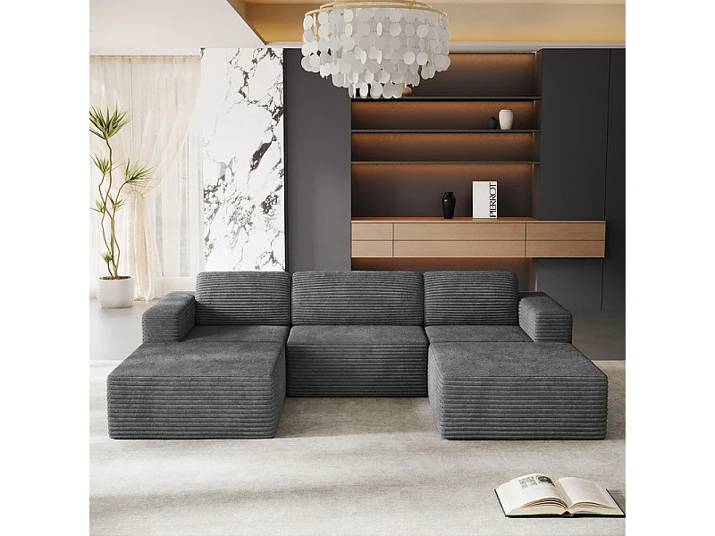 Canapé 3 places d'angle modulable en Velours Côtelé, avec 2 pouf et 3 coussins, 303x202x82cm, Gris