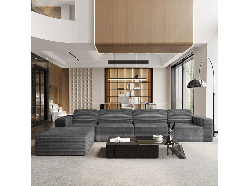 Grand Canapé 4 places modulable en Velours Côtelé, avec pouf et 4 coussins, 404x202x82cm, Gris
