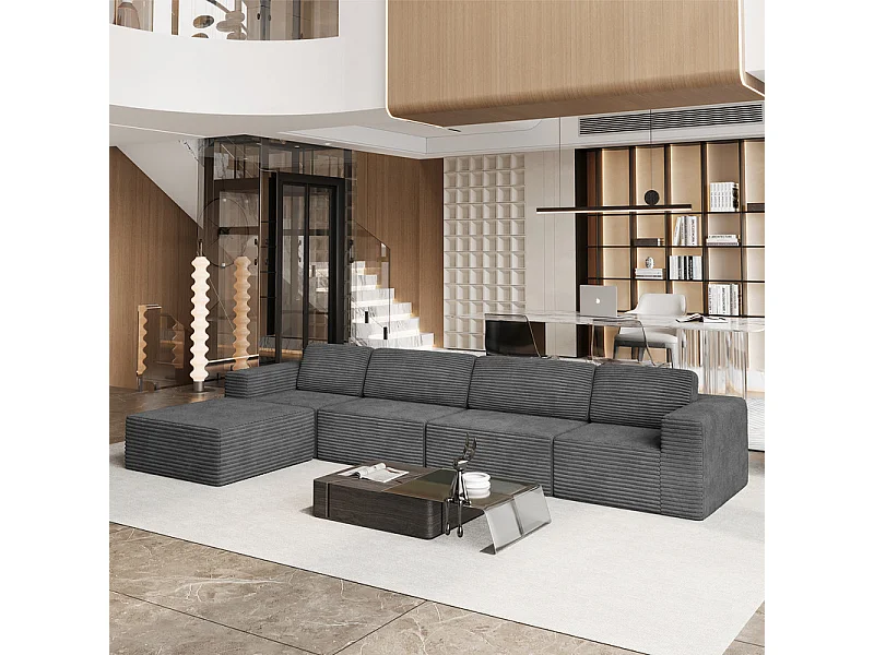 Grand Canapé 4 places modulable en Velours Côtelé, avec pouf et 4 coussins, 404x202x82cm, Gris