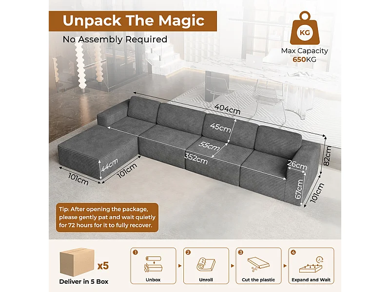 Grand Canapé 4 places modulable en Velours Côtelé, avec pouf et 4 coussins, 404x202x82cm, Gris