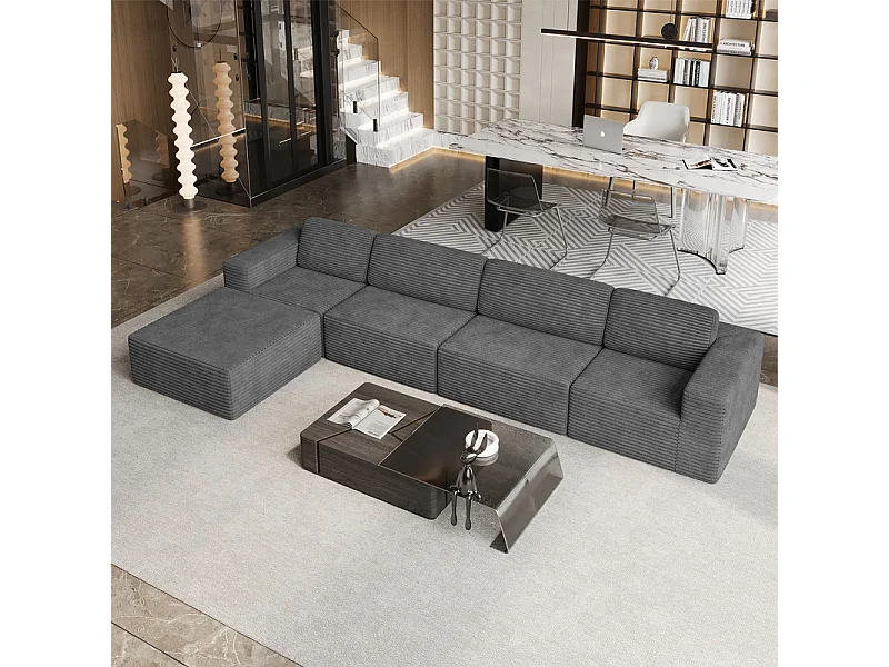 Grand Canapé 4 places modulable en Velours Côtelé, avec pouf et 4 coussins, 404x202x82cm, Gris