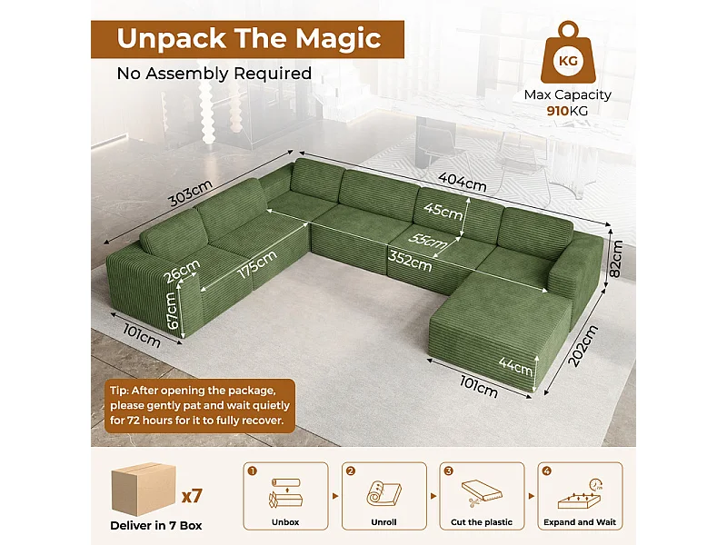 Grand canapé d'angle gauche modulable panoramique en Velours Côtelé, avec pouf, 404x303x82cm, Vert