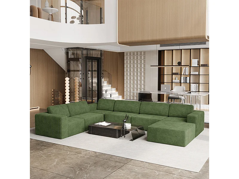 Grand canapé d'angle gauche modulable panoramique en Velours Côtelé, avec pouf, 404x303x82cm, Vert