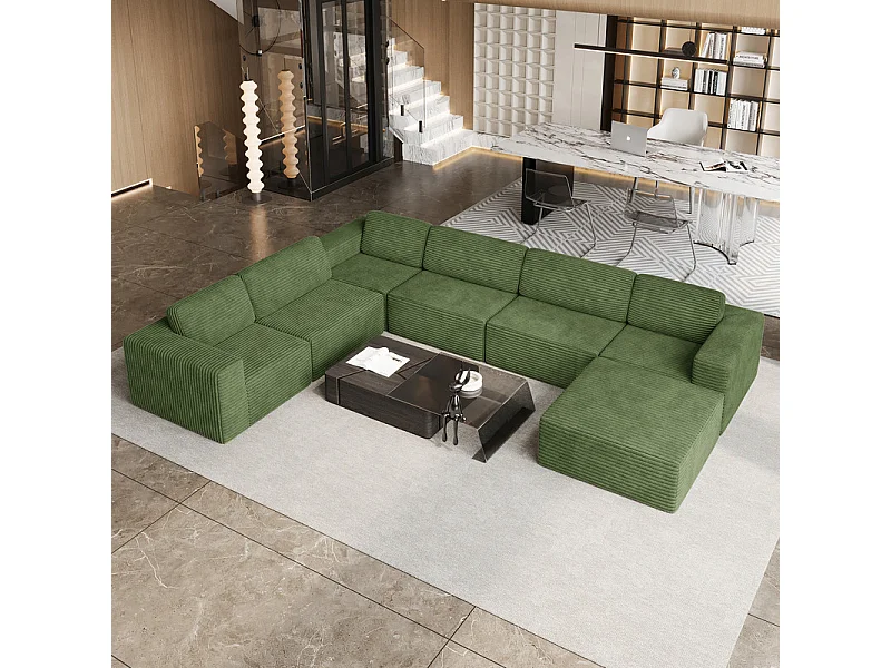 Grand canapé d'angle gauche modulable panoramique en Velours Côtelé, avec pouf, 404x303x82cm, Vert